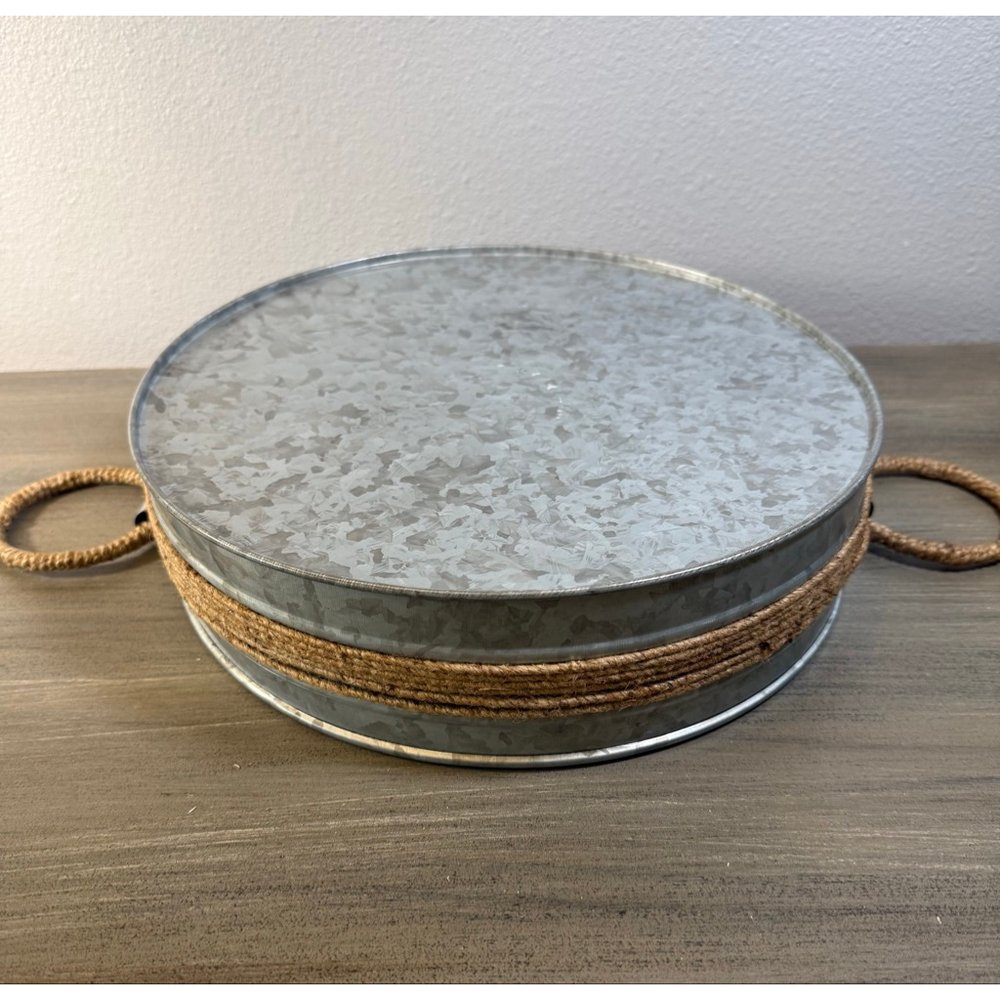 Farmhouse Galvanized Metal Tray 12” Round Rope Handle Serving Centerpiece Decor - Picture 5 of 10